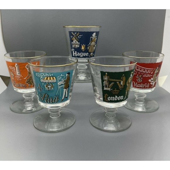 1959 Libbey International Cities of the World MCM Footed Cocktail Glasses Set 5 - Picture 1 of 12
